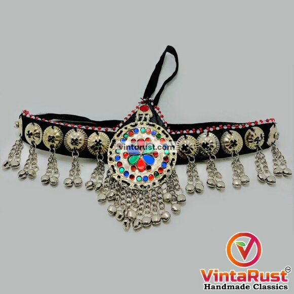 Silver Matha Patti, Traditional Matha Patti With Multicolor Glass Stone and Bell - Picture 2 of 14
